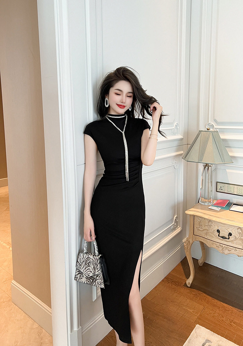 Đầm ôm body nữ cổ cao dáng dài mùa hè — [杏色], [黑色], [茶色], [红色] chi tiết 13