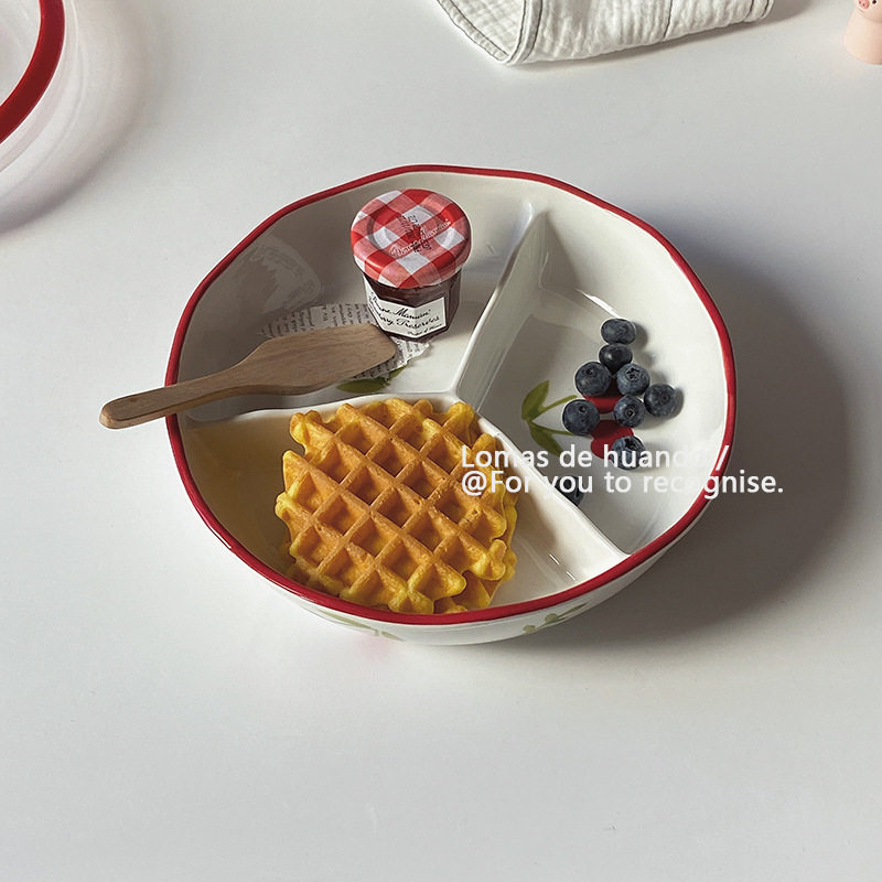 ins Divided Dinner Plate Household Ceramic Deepened with Lid Fat Reduction Quantitative Meal Bowl Divider Plate Fruit Plate Lunch Box