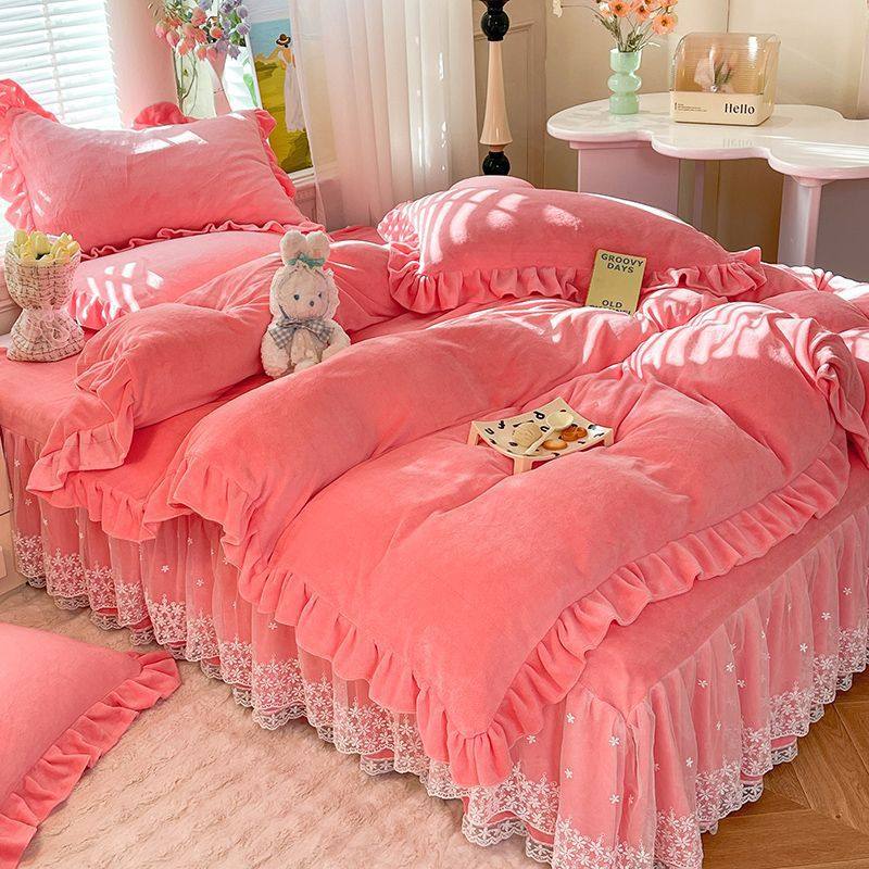 Winter Thickeneded Milk Velvet Bed Skirt Four-Piece Set Double-Sided Velvet Quilt Cover Bed Sheets Three-Piece Set Quilt Cover Bedding