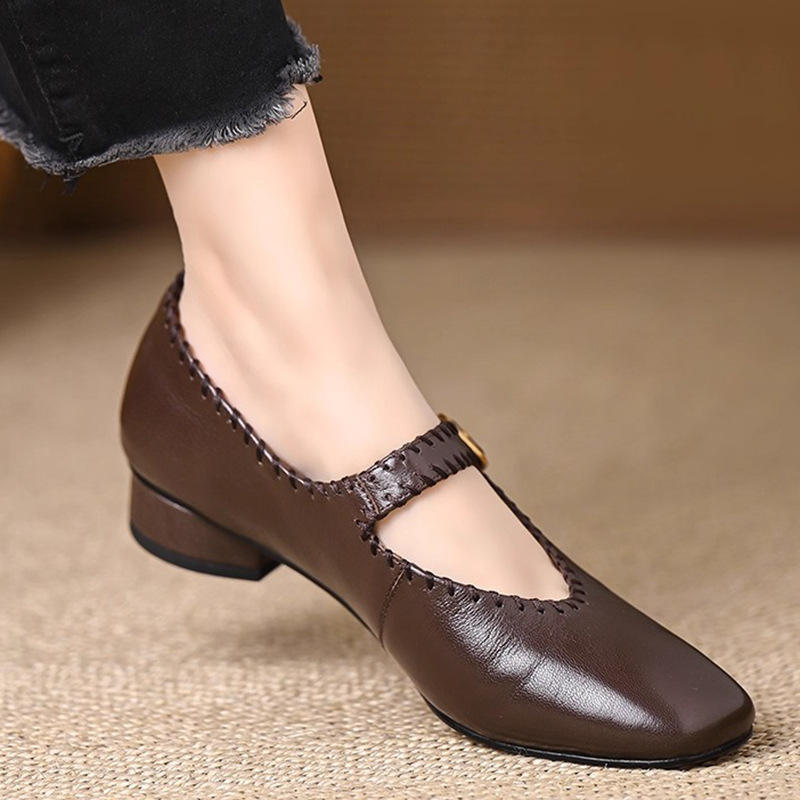 Giày Mary Jane nữ gót thô 3cm mũi tròn phong cách cổ điển mềm êm — màu đen, nâu