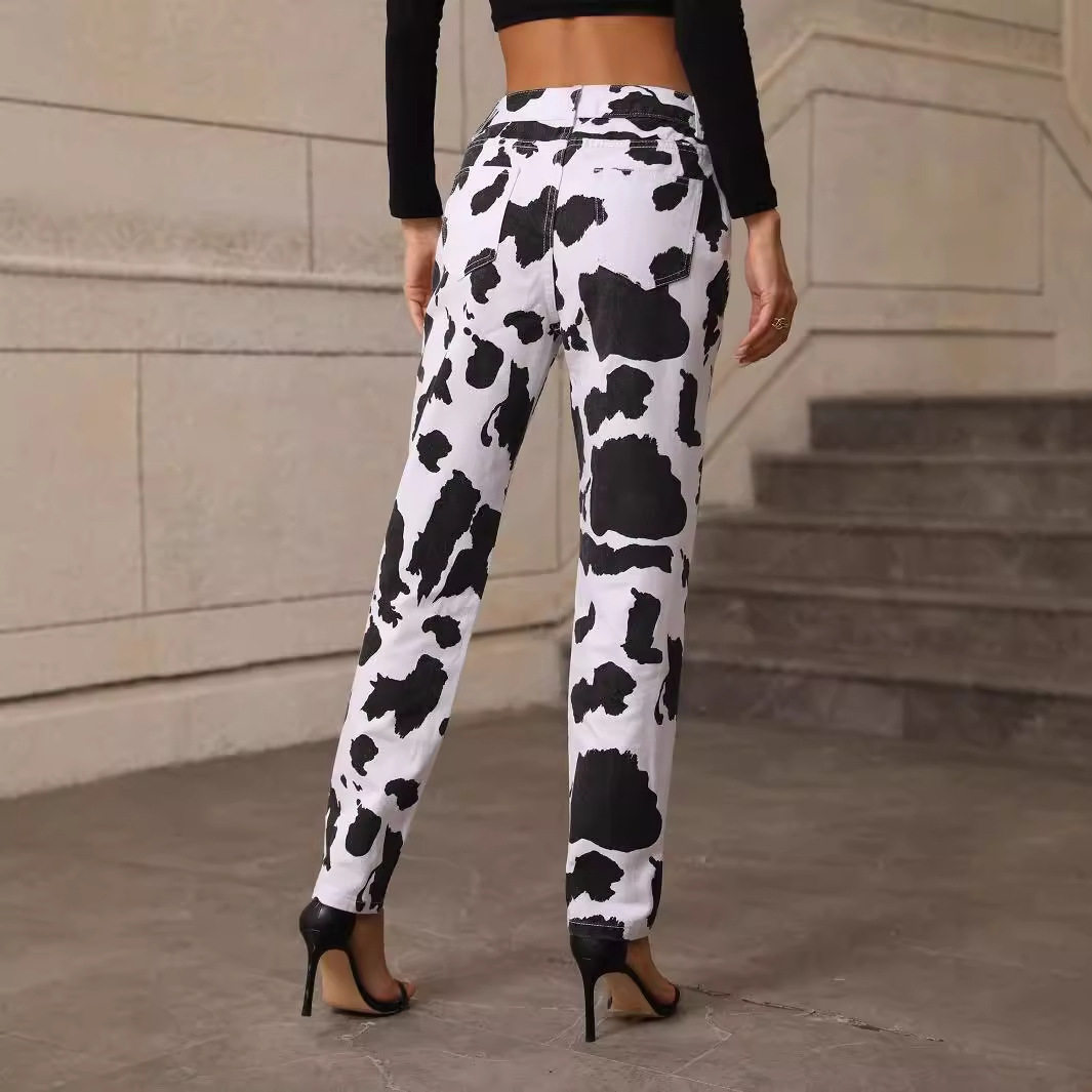 High Waisted Cow Print Denim Pants Unique Design Trendy Style Comfortable Fit Casual Wear Ready to Ship