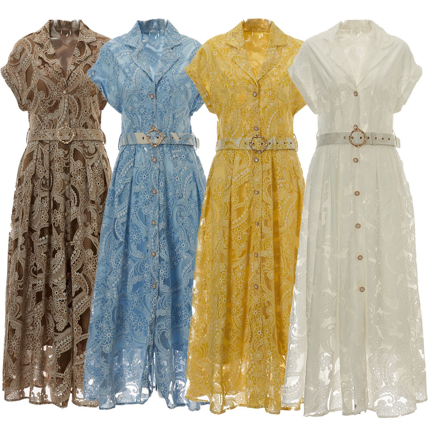 Lace Embroidered Floral Maxi Dress Summer Style Suit Collar Button Closure Waist Defined Elegance Wholesale