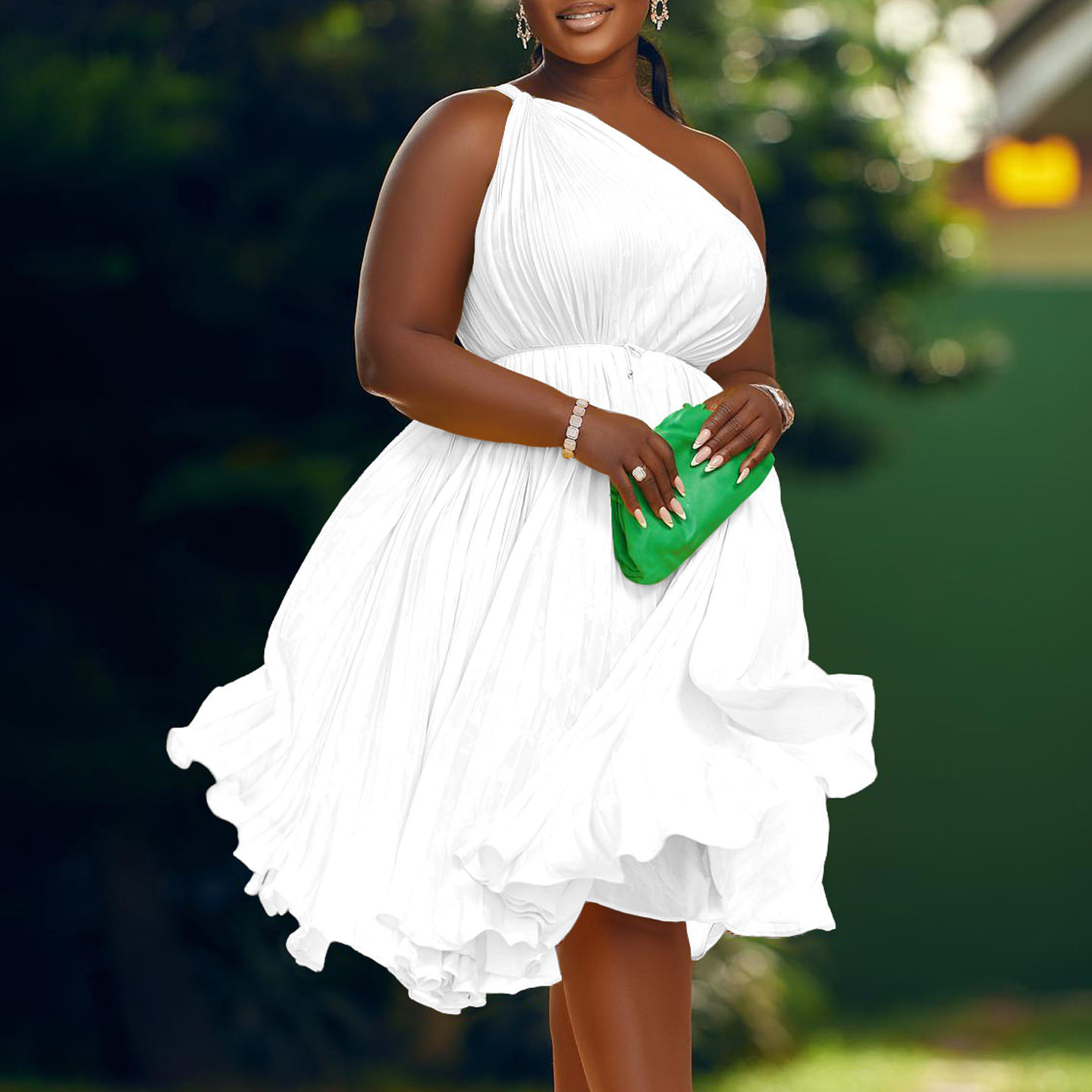 Plus Size Womens Dress Summer Collection Asymmetrical Shoulder Pleated Design Solid Color Elegant Style
