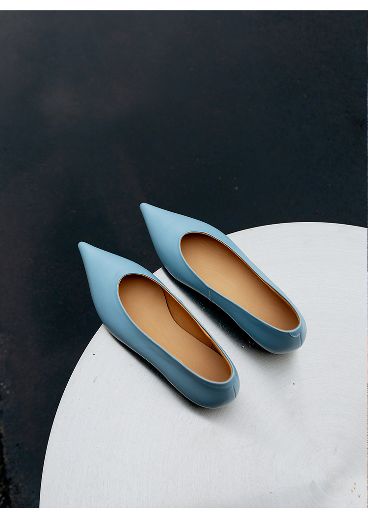 Giày cao gót nữ mũi nhọn gót thô 3cm da bò thật, giày slip-on thanh lịch dễ phối đồ — Chu Guli, Màu trà sữa, màu xanh mờ