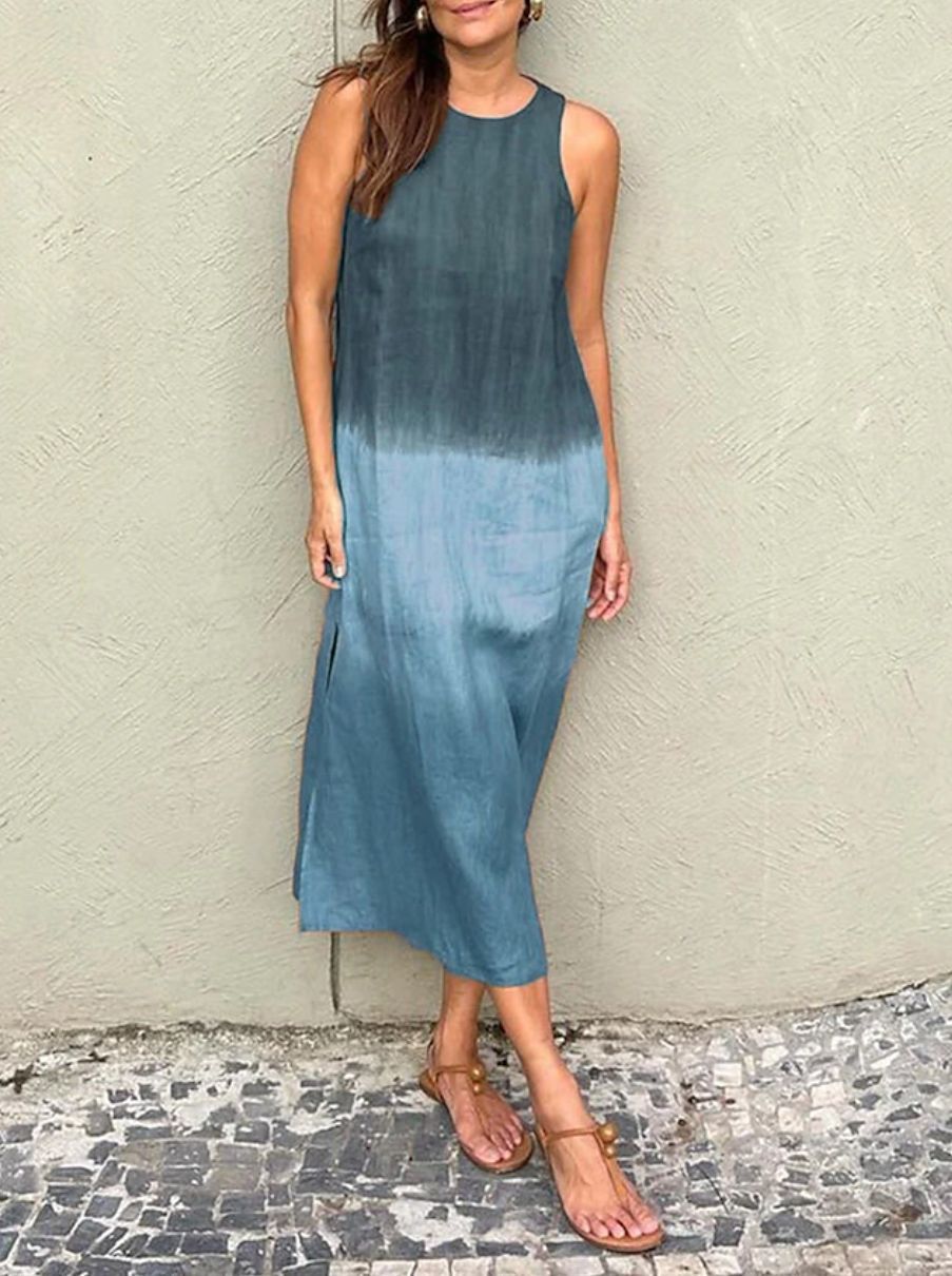 Summer Womens Sleeveless Color Block Printed Dress Loose Fit Round Neck Trendy Design Casual Wear Wholesale