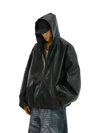 Autumn American Retro High-End Hooded Leather Jacket for Men and Women, Stylish Loose Versatile Casual Biker Jacket Coat Trendy
