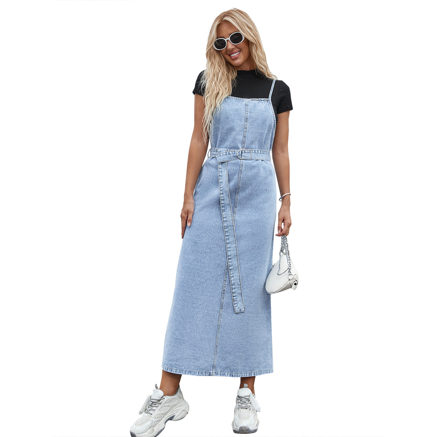 Womens Denim Midi Dress Fashionable Waist Defined Design Sleeveless Autumn Winter Style Wholesale Available
