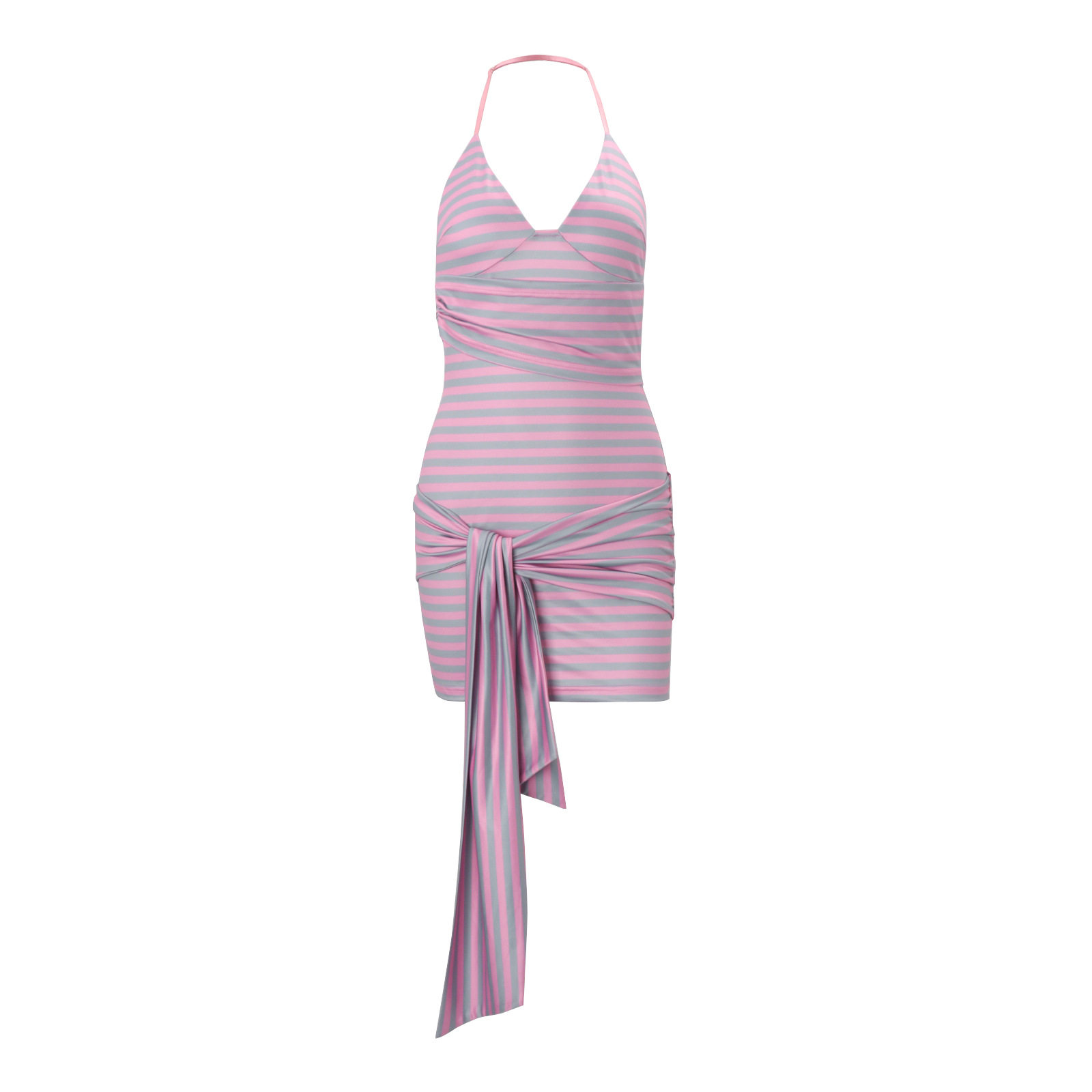 Summer Striped Bodycon Dress Halter Neck V Neck Adjustable Tie Slim Fit Casual Party Wear Wholesale Available