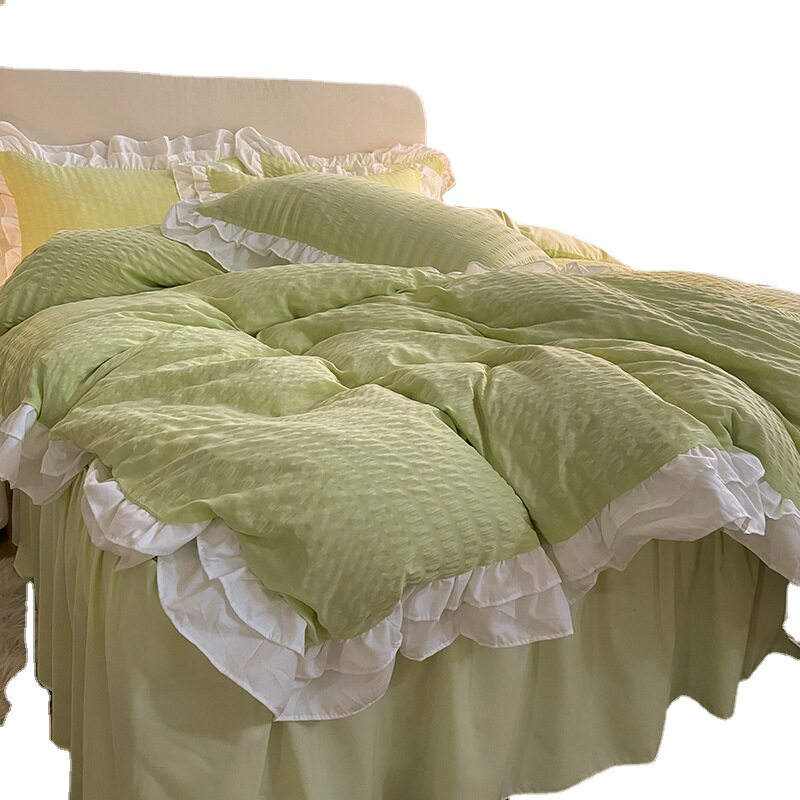 Korean version of ins blogger with ball ball four-piece set solid color wash cotton bed skirt quilt cover Princess wind dormitory three four-piece set