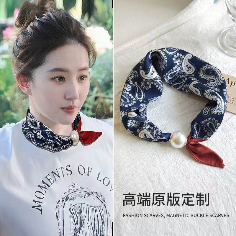 New Magnetic Buckle Pearl Silk Scarf Necklace Women's Summer Thin Clavicle Chain French Retro Small Scarf Decorative Scarf