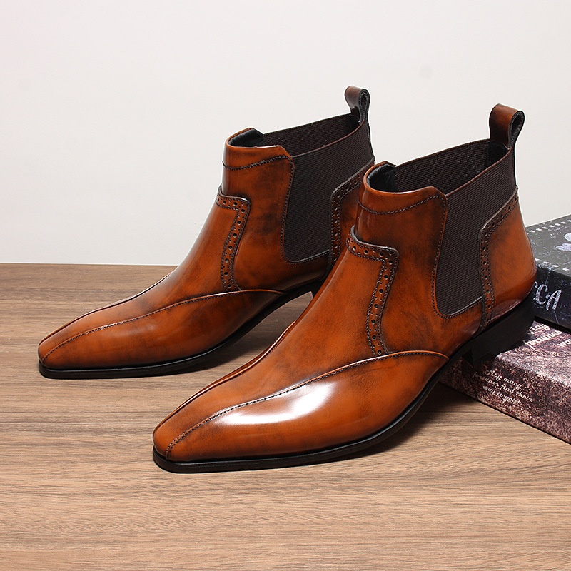 Giày Chelsea boot nam da bò mũi nhọn, cổ vừa, đế cao su — Màu đen, Màu vàng nâu