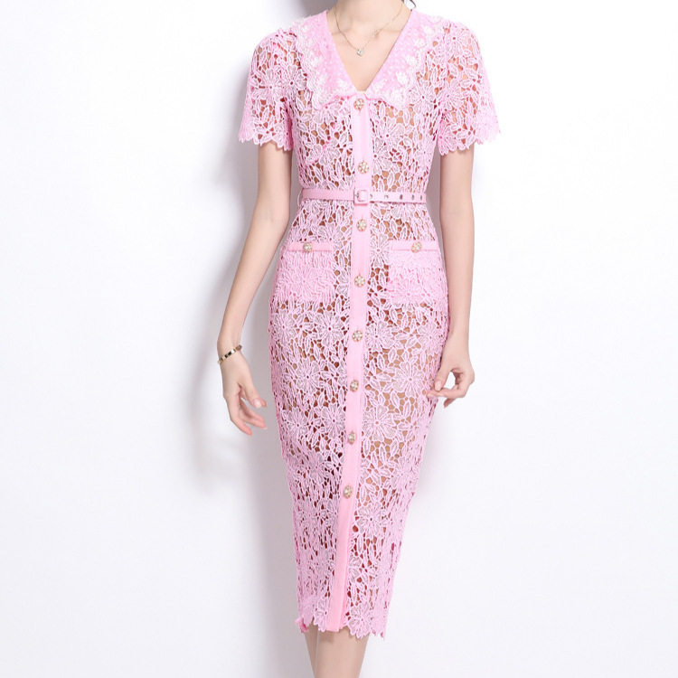 Chic Summer Dress for Women Doll Collar Short Sleeve Beaded Slim Fit Lace Detailing Perfect for Parties and
