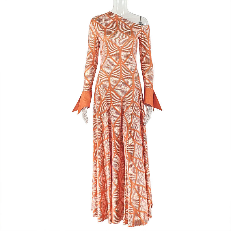 A Line Floral Print Dress Comfortable Fit One Shoulder Long Sleeve Casual Workwear or Daily Wear Wholesale Available