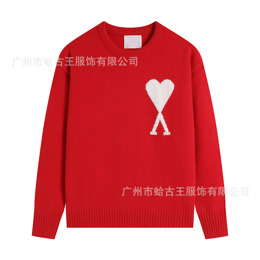 秋冬新款高领爱心毛衣男女条纹青年桃心跨境外贸休闲套头针织衫