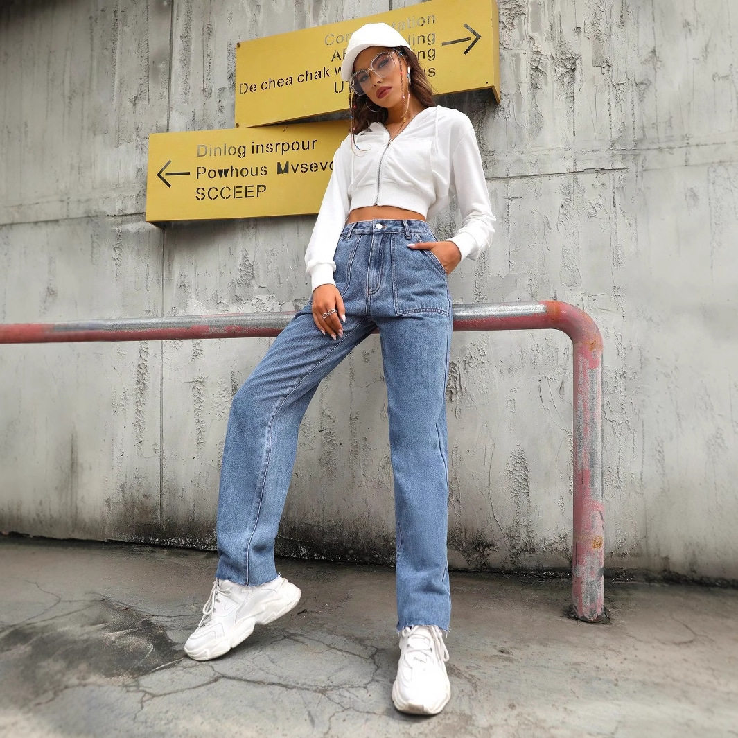 High Waisted Wide Leg Jeans Slim Fit Large Pockets Denim Fabric Casual Wear for Women Wholesale Available