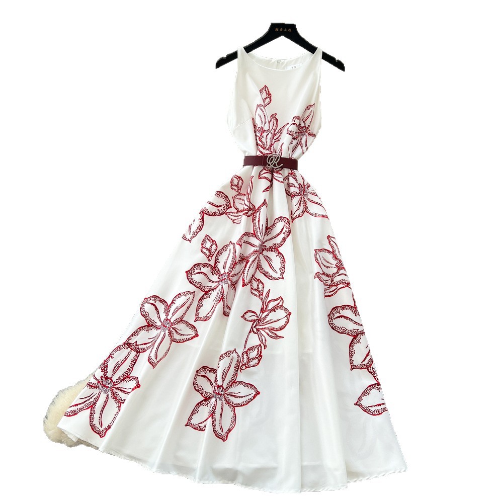 Elegant French Vintage Sleeveless Maxi Dress Floral Print Waist Tie High Quality Fabric Spring Fashion Wholesale