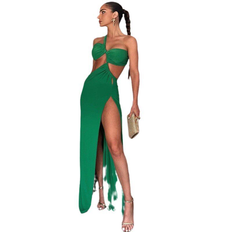 Sleeveless Asymmetrical Dress Solid Color Sexy Backless Long Length Ruched Design Side Slit Evening Gown for