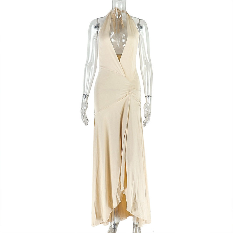 Bodycon Dress Solid Color V Neck Ruched Waist Long Length Elegant Evening Wear Wholesale Available