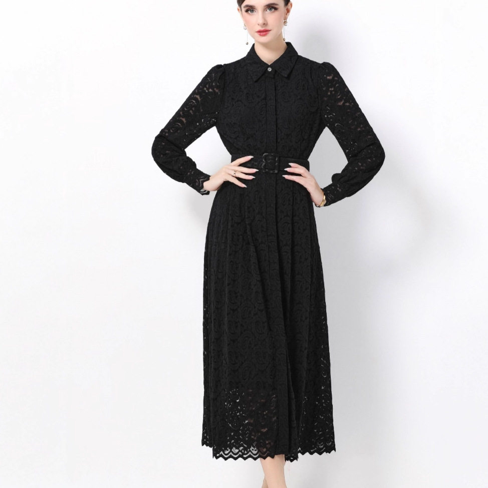 Elegant French Vintage Lace Maxi Dress for Women Autumn Style Waist Tie Single Breasted High End Feel Wholesale