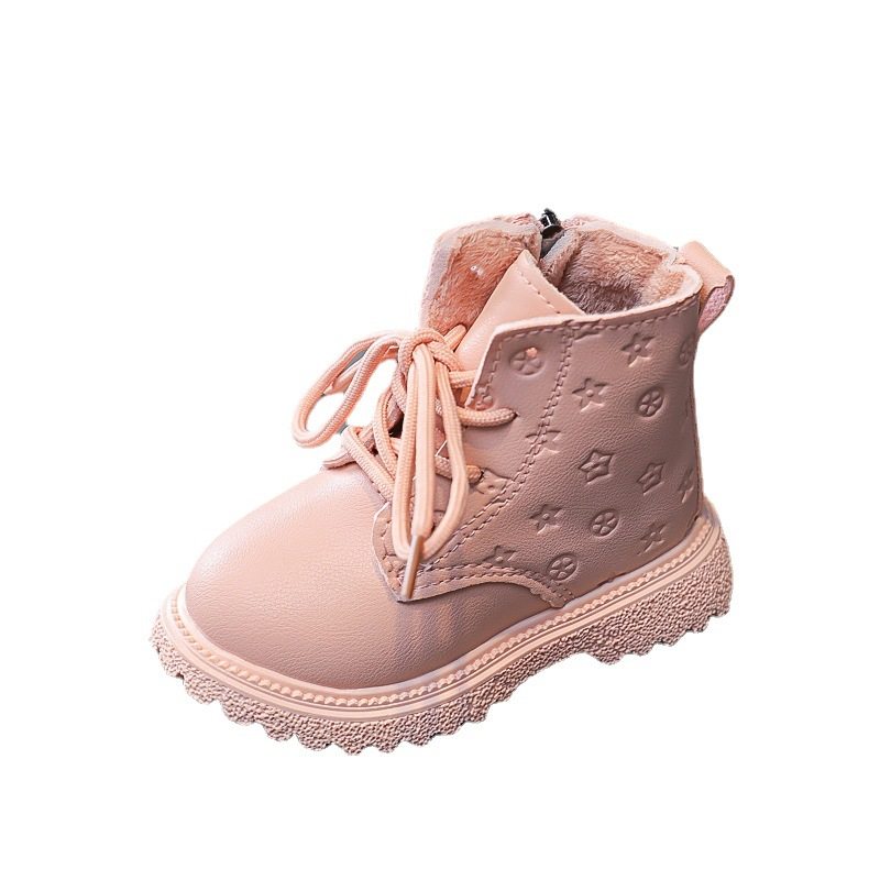Warm Cotton Boots for Baby Girls, Thin Velvet Lace-Up Leather Boots, Boys' Martin Boots, Printed Short Boots, Mid-Calf Design for Young Children