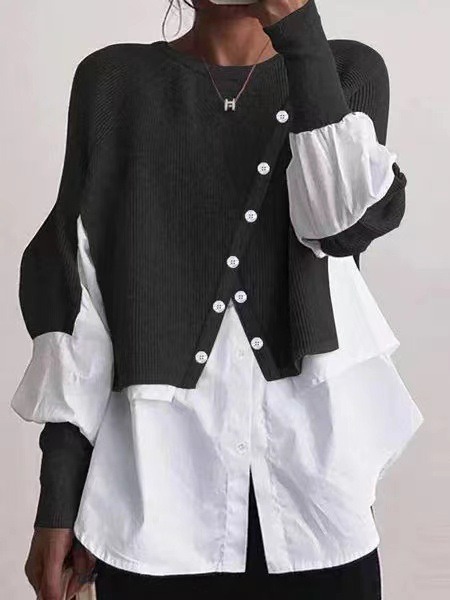 欧洲站跨境春秋新款针织毛衣亚马逊衬衫拼接假两件气质外穿女装