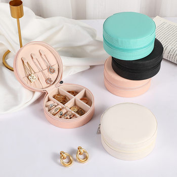 Jewelry Storage Box Round Portable Jewelry Box Leather Sweet New Double Layer with Mirror Zipper Jewelry Ring Storage Batch