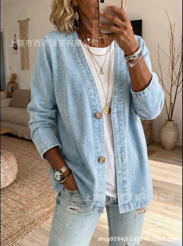 新款跨境独立站2026春季女装花卉印花V领休闲女装衬衫上衣复古