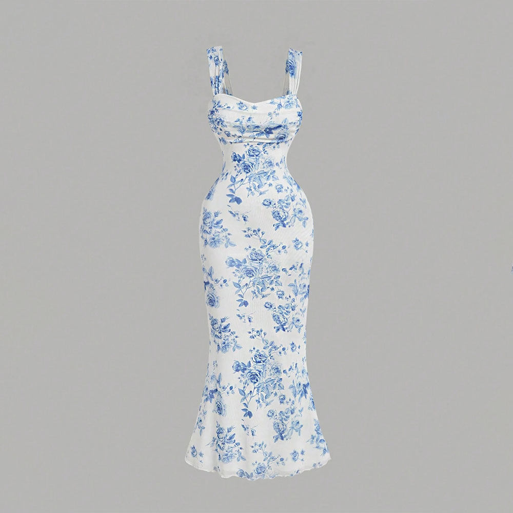Summer Womens Bodycon Dress Blue and White Porcelain Print Backless Strapless Mermaid Hem Perfect for Parties