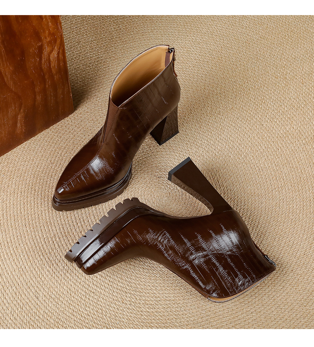 Boot nữ cổ thấp mũi nhọn gót thô đế dày da bò khoá kéo phía sau — Lớp lót đơn màu đen, Lớp lót đơn màu nâu, Lót nhung đen, Lót nhung màu nâu