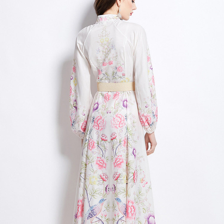 Womens Vacation Dress Elegant Floral Print Lantern Sleeves Waist Defined Button Up Maxi Length Perfect for