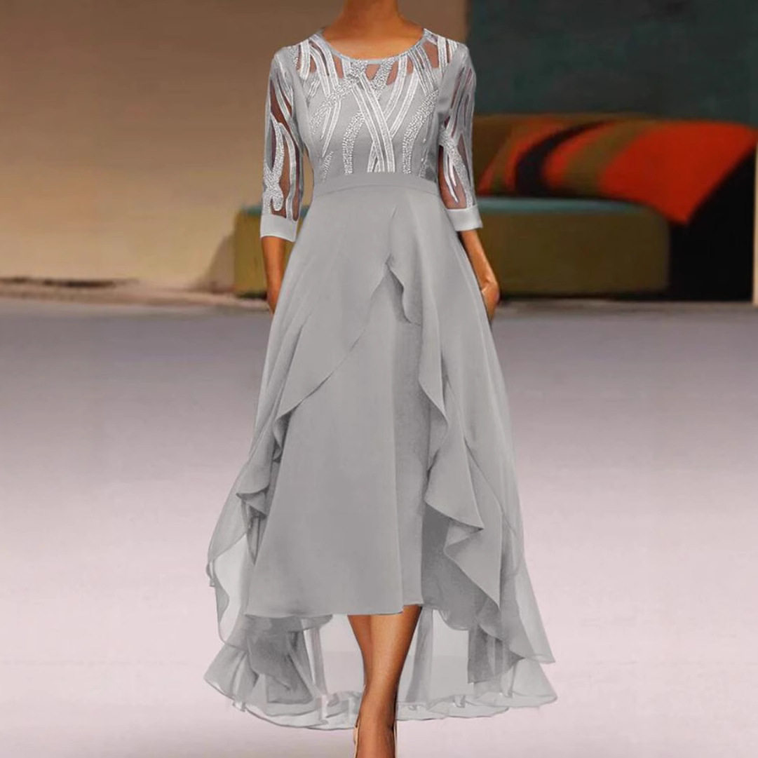 Chiffon Midi Dress with Lace Inserts and Round Neckline for Fall Winter Events Available in Gray and Blue Wholesale