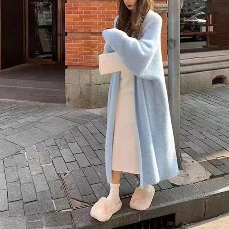 秋冬过膝仿水貂绒针织开衫女韩版宽松中长款慵懒风软糯毛衣外套女