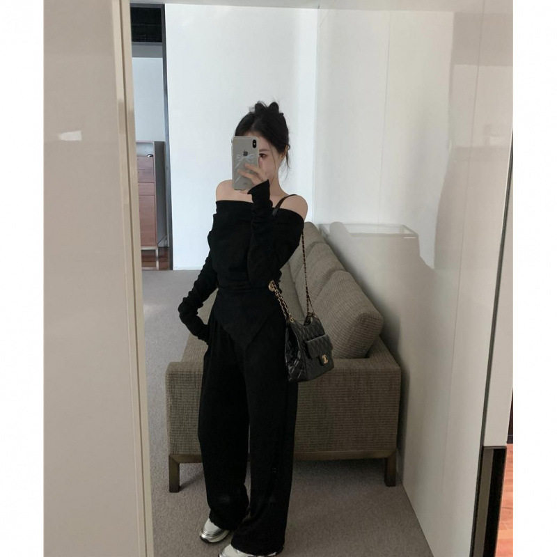 Elegant Suit for Women, Irregular Slim-Fit Off-Shoulder Top, Autumn Loose Wide-Leg Pants Two-Piece Set, Simple Ins Style
