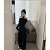 Elegant Suit for Women, Irregular Slim-Fit Off-Shoulder Top, Autumn Loose Wide-Leg Pants Two-Piece Set, Simple Ins Style