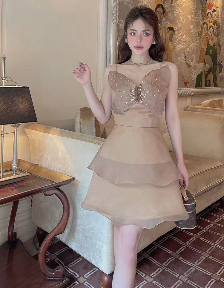 Đầm maxi nữ organza thêu hoa bướm 3D đính đá — Rượu vang đỏ chi tiết 3