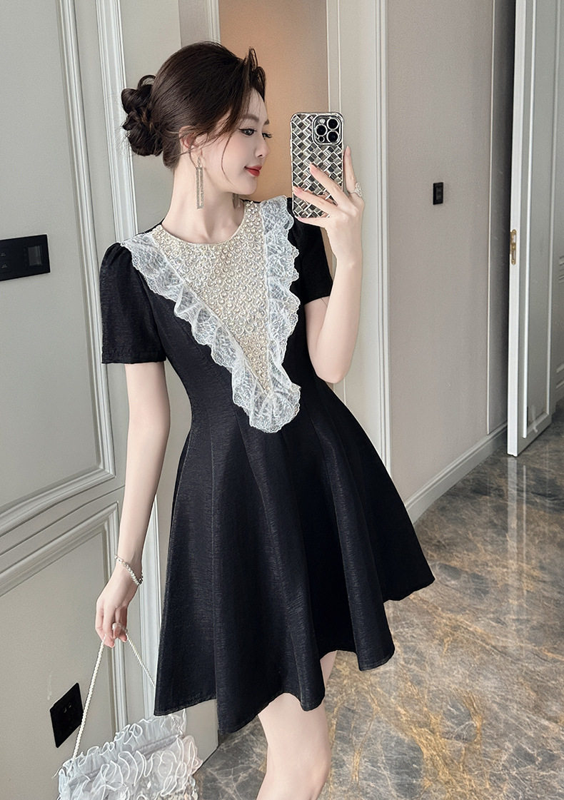 Đầm suông nữ midi tay ngắn cổ tròn A-line phong cách Hàn Quốc — [Đen] chi tiết 7
