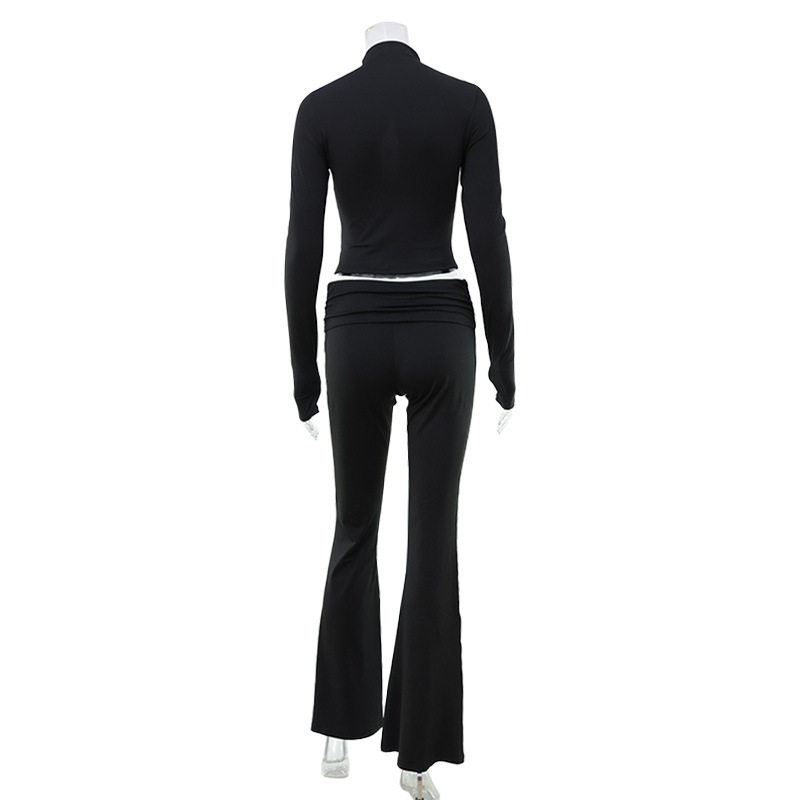 Fashionable Hollow Out Crop Top and Slim Fit Flare Pants Set Stylish Sexy Solid Color Spring and Autumn Wear