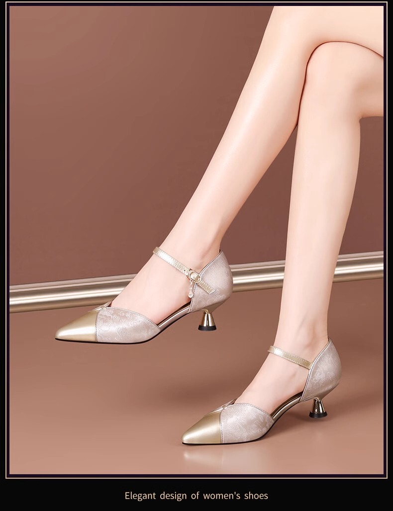 Sandal nữ quai ngang mũi nhọn gót vừa 5cm thanh lịch — Màu Sâm panh, Màu xanh lá