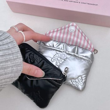 Ins Style Quilted Cotton Bow Mini 2-Layer Dustproof Storage Wallet Card Holder Headphone Bag Portable Zipper Small Hanging Bag