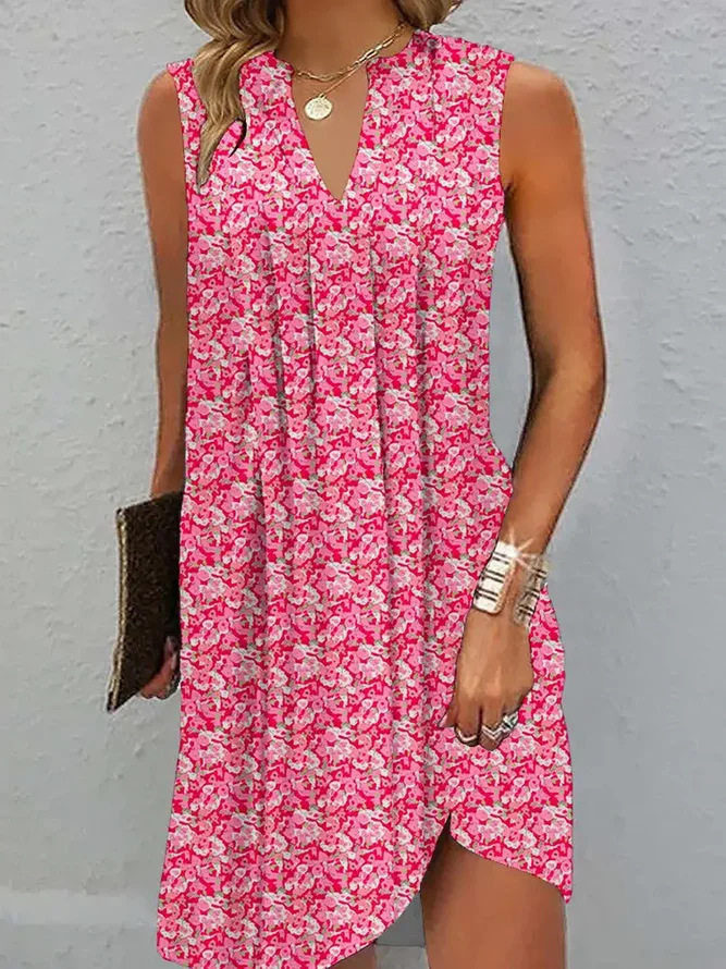 A Line Sleeveless Dress Multi Color V Neck Floral Print Summer Casual Wear Ready to Ship bulk order