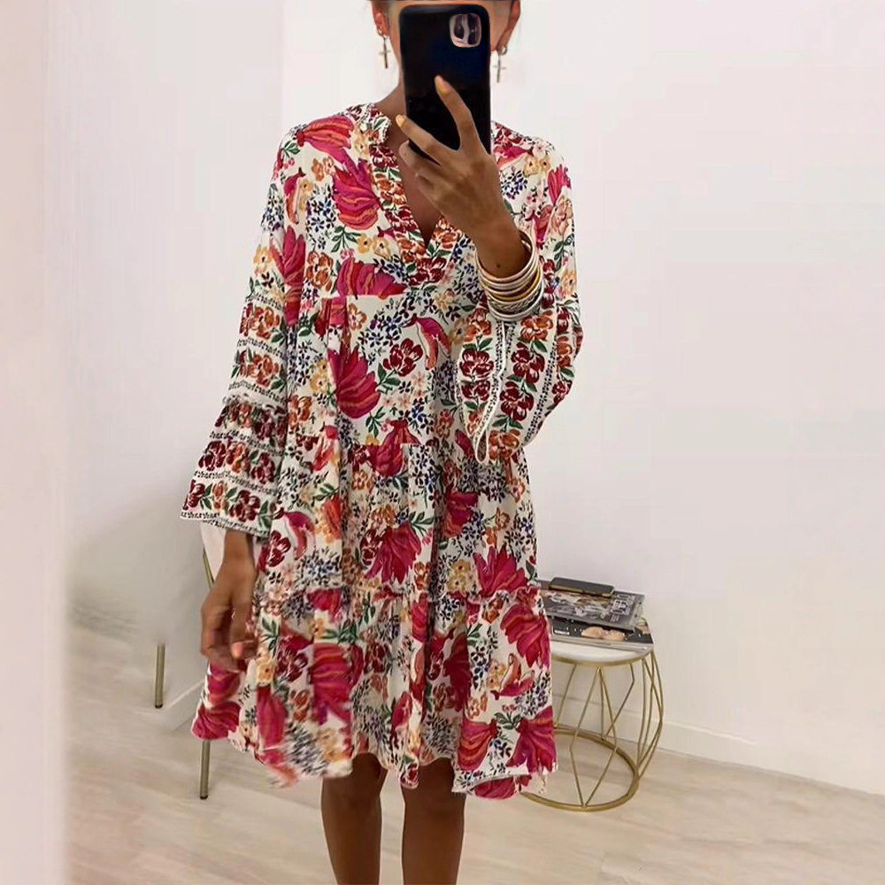 Casual Floral Print V Neck Long Sleeve Maxi Dress for Women Loose Fit Summer Style Available for Wholesale