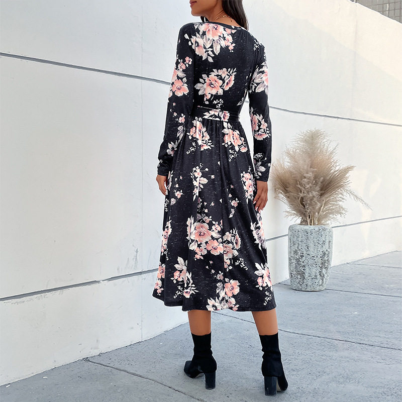 Floral Print Long Sleeve Dress V Neck Autumn Style Elegant Design Wholesale Womens Apparel low MOQ