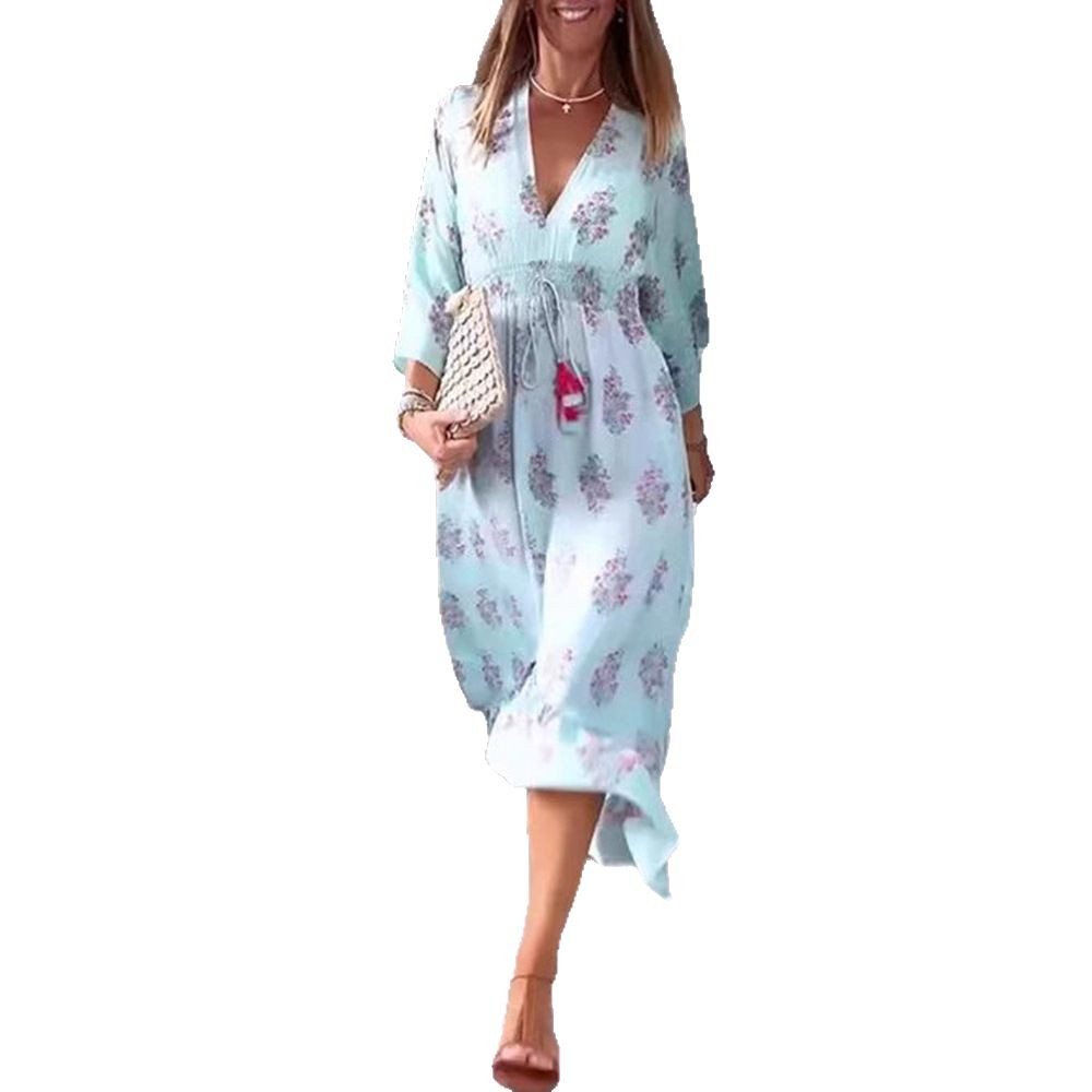 Casual Floral Print V Neck Long Sleeve Dress for Women Trendy Design Comfortable Fabric Versatile Style Wholesale
