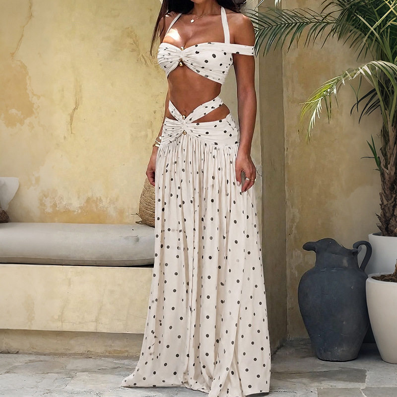 Summer Womens Two Piece Set Sexy Backless Crop Top Polka Dot Skirt Trendy Style Perfect for Parties or Casual
