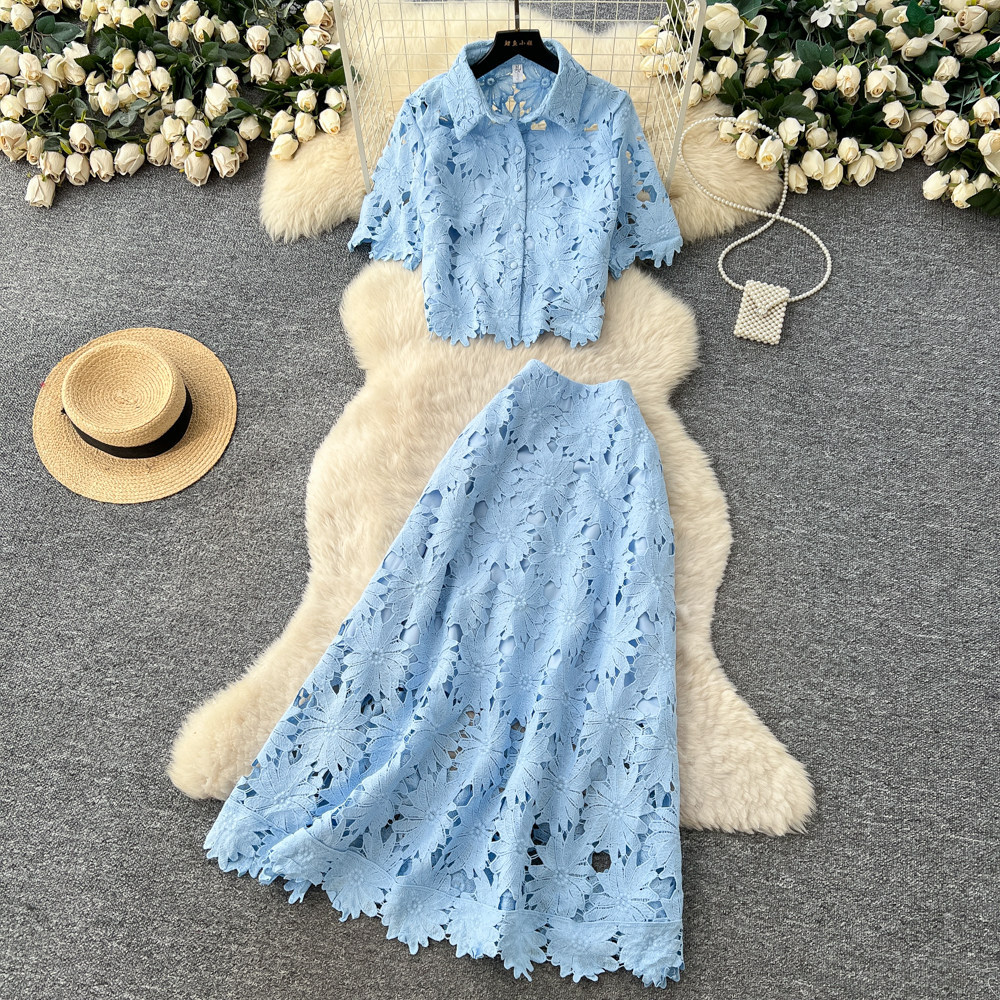 French Style Elegant Hollow Lace Two Piece Set Short Sleeve High Waist Fashionable for Spring and Autumn Wholesale
