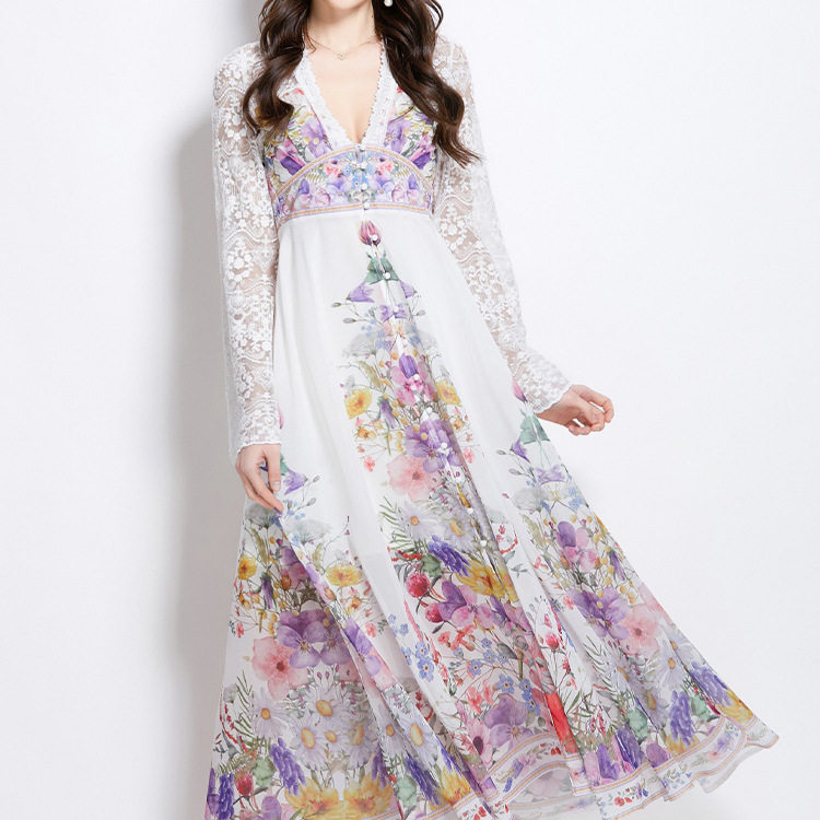Fashionable Spring Dress for Women Elegant Deep V Neck Lace Bell Sleeves Floral Print Perfect for Vacation or Casual