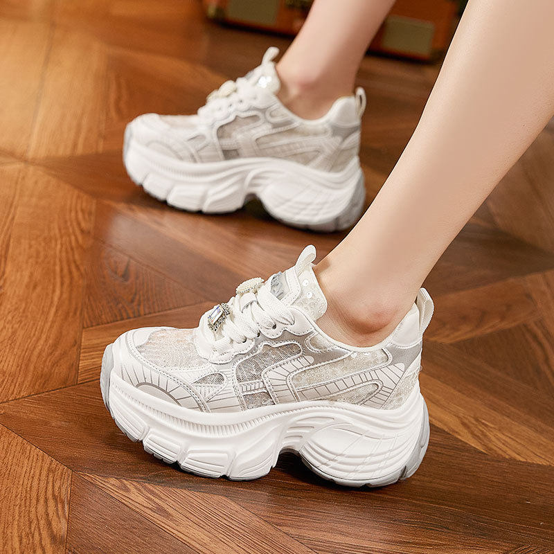 Giày sneaker nữ đế dày chunky phong cách thể thao, gót 8 cm — Trắng, Bạc