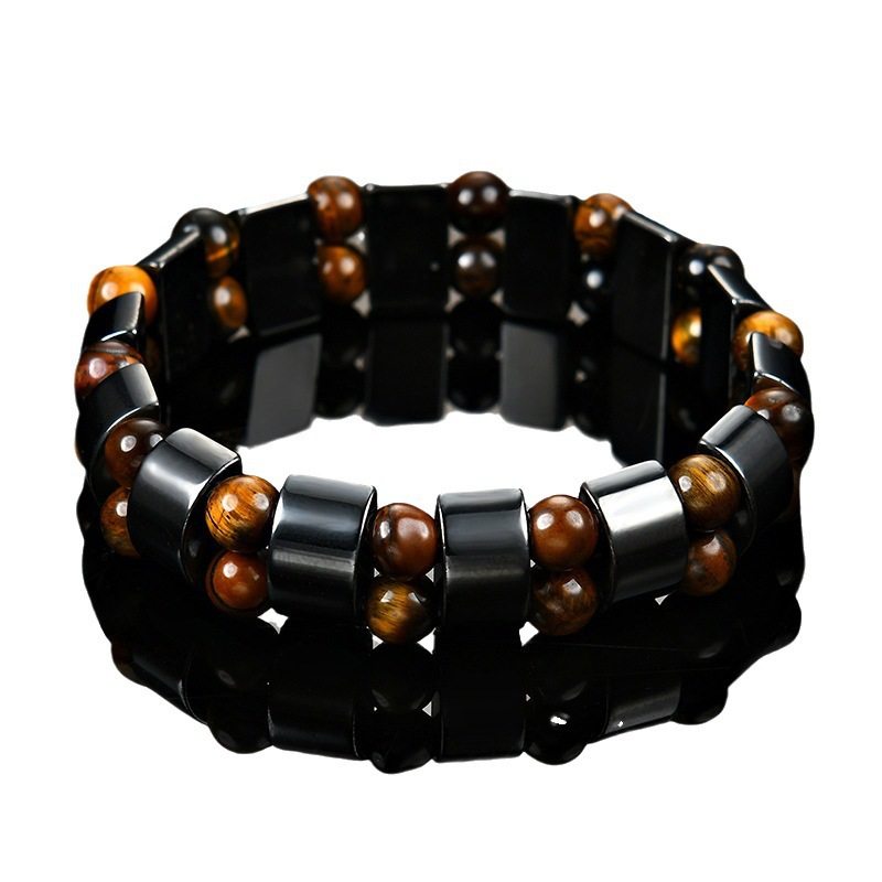 Natural Tiger Eye Stone Black Magnetic Magnet Bracelet for Teenagers and Men Retro Double Row Holiday Gift Magnetic Bracelet