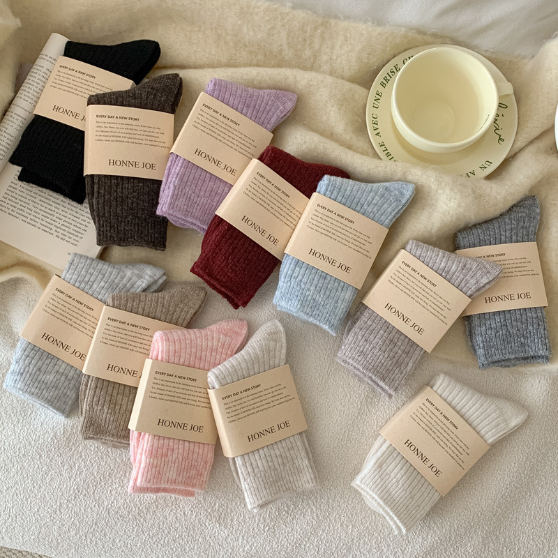 羊毛袜子女秋冬月子袜加厚保暖居家地板冬天日系简约羊绒堆堆长袜