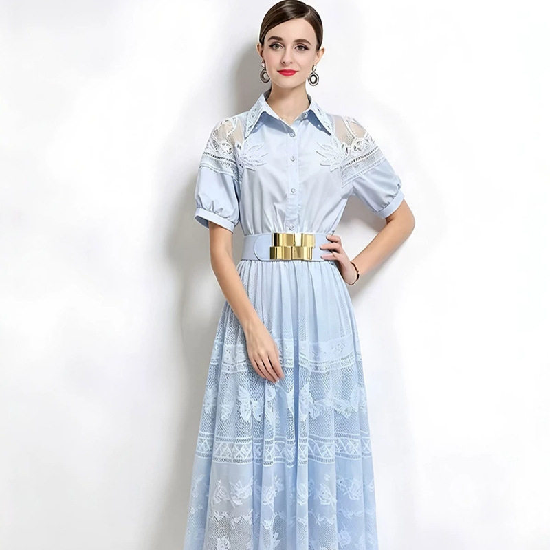 French Romantic Pink Hollow Lace Dress Summer A Line Waist Defined Elegant Style Perfect for Special Occasions